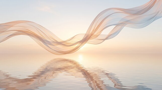 Soft flowing fabric silk waves floating above calm water surface at golden sunset