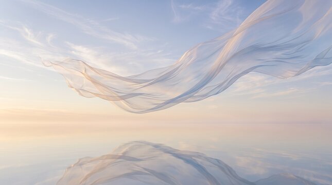 Soft white fabric cloth flowing in the air with a beautiful sunset sky background
