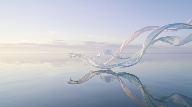 Light silk fabric flowing in the air above the calm water surface at sunset time