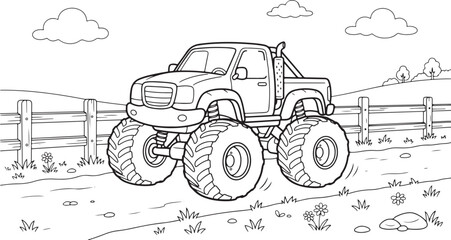 Cute Cartoon Monster Truck Driving Beside Wooden Fence Coloring Page for Kids Line Art Vector Illustration © Charmingly Image