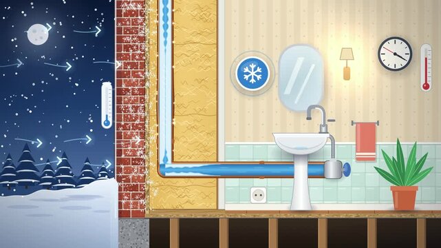 Frozen water pipe bursts inside a cold exterior wall, then foam insulation and heat cable prevent freezing, 4K animation