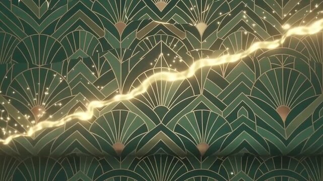 Green and Gold Art Deco Pattern with Sweeping Magical Sparkles