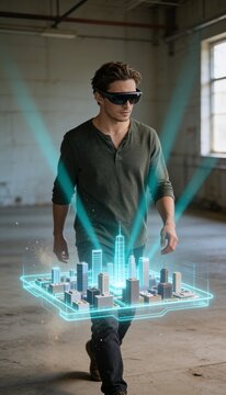 Man walking with floating holographic city model
