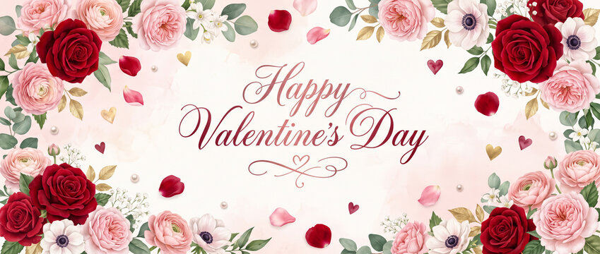 happy valentine's day banner, social media cover, website header designs with Beautiful romantic floral arrangement of roses and anemones framing elegant wedding invitation background
