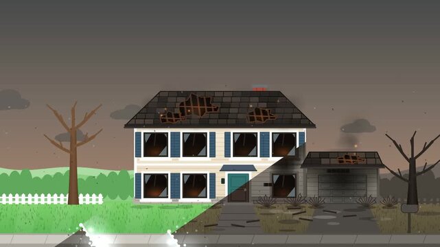 Fire damage restoration before and after, burned house cleaned and rebuilt with new roof and windows, 4K animation