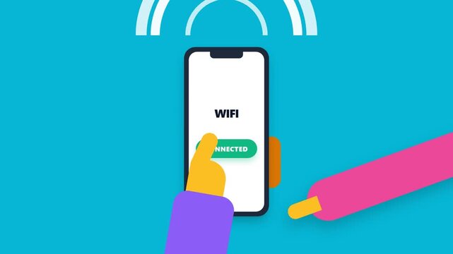 Hand tapping connect button on smartphone screen for WiFi internet access