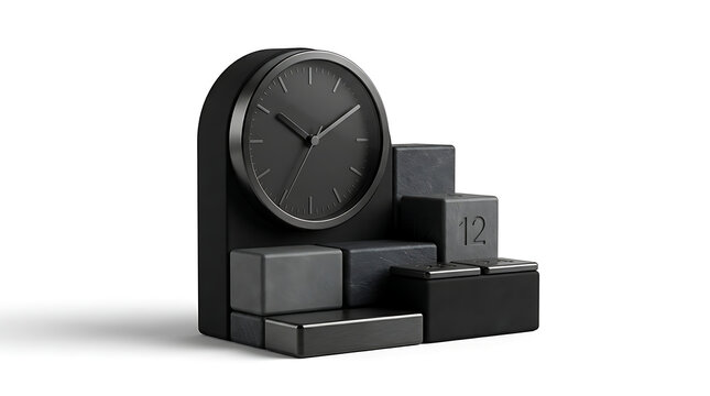 Modern black wall clock with minimalist design on a dark shelf