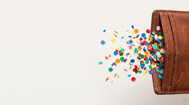 Leather wallet spilling colorful confetti against a clean white background. Symbolic representation of reckless spending and financial waste.