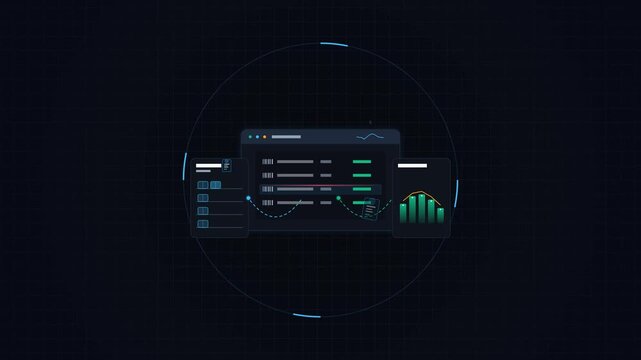 Abstract Digital Interface with Dashboard Graphs and Analytical Data Panels
