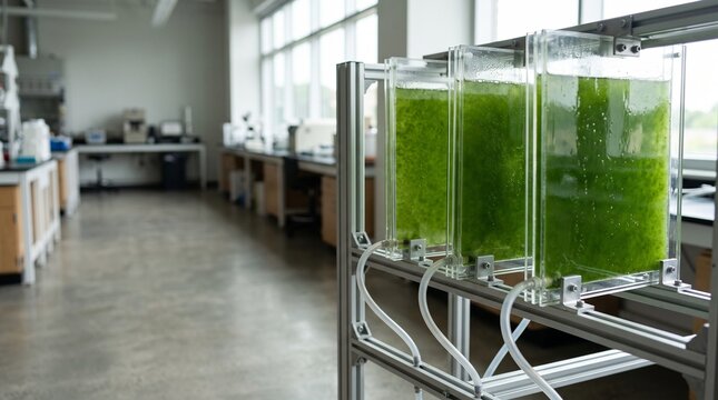 Green microalgae cultures in flat panel laboratory vessels