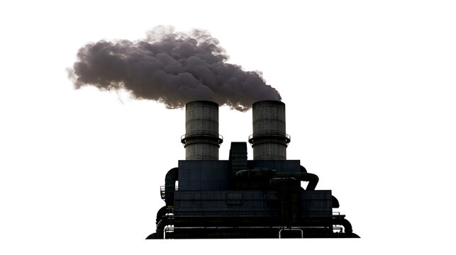 Industrial factory plant with two smokestacks emitting thick dark smoke clouds