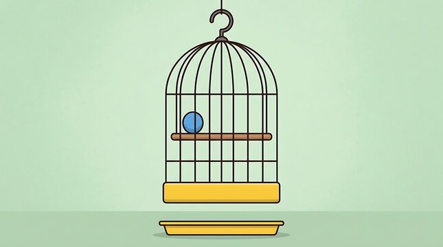 Minimalist illustration of a blue bird inside a hanging wire cage on a soft green background