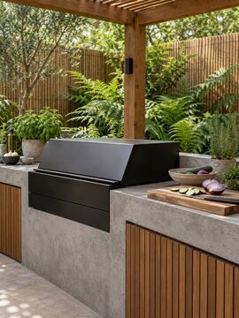 Minimal Outdoor Kitchen with a Black Grill beneath a Timber Pergola