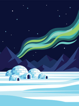 A flat vector illustration of an arctic igloo village in a snowy landscape under the northern lights as seen from a low viewpoint.