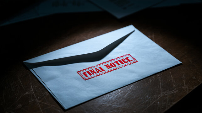 Final Notice Red Stamp on White Envelope on Dark Wooden Desk
