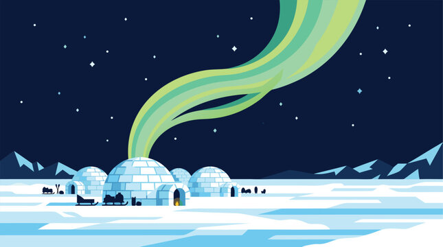A magical illustration of a tranquil arctic settlement featuring glowing igloos under the northern lights in a cold winter environment