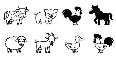 Obraz premium Farm Animals Collection Vector Set with Black Silhouettes and Cartoon Icons of Cows, Pigs, Sheep, Horses, Chickens, Ducks, Rabbits, Cats and Dogs