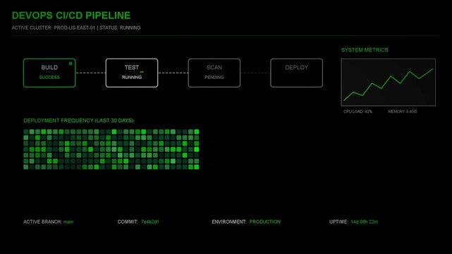 Devops pipeline process flow diagram displaying software development lifecycle, continuous integration, deployment, automation, infrastructure monitoring