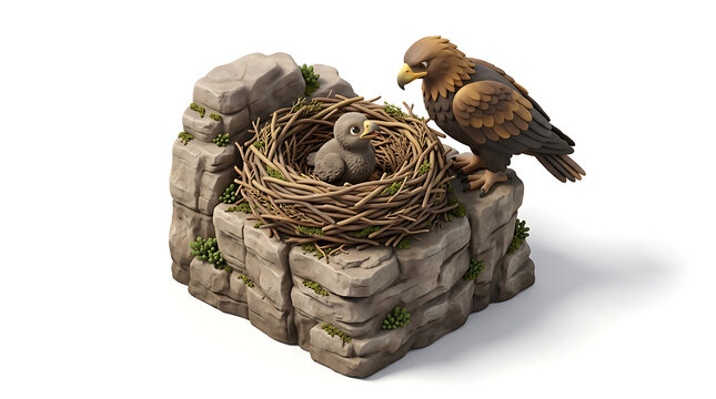 Cute eagle bird sculpture sitting on rocky stone nest with tiny baby eaglet for woodland themed craft designs.