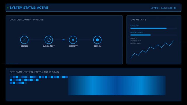 Digital dashboard interface with process flow progress line charts, data analytics, monitoring system, cyber security, financial metrics, blue UI background