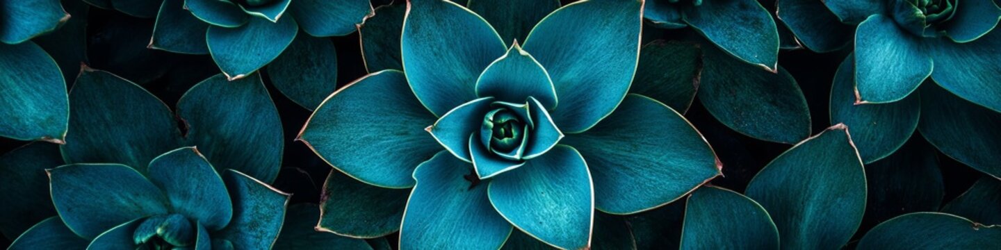 Macro Photography of a Symmetrical Succulent Plant Top View in Dark Teal Green Color Background.