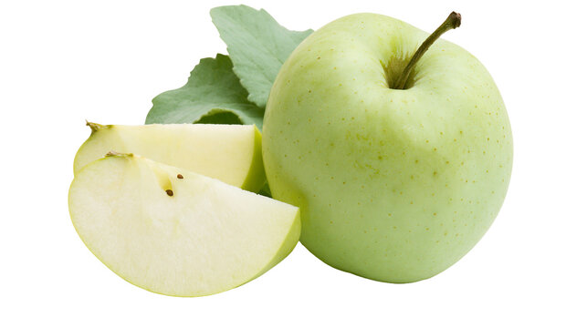 Fresh whole green apple with two sliced wedges and green leaves