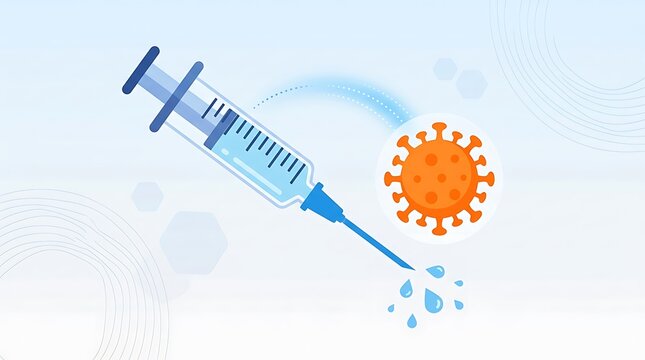 Medical syringe injecting vaccine to fight against virus cell for healthcare and immunization concept
