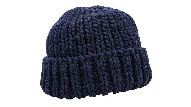 Dark blue chunky knit wool beanie hat with ribbed cuff