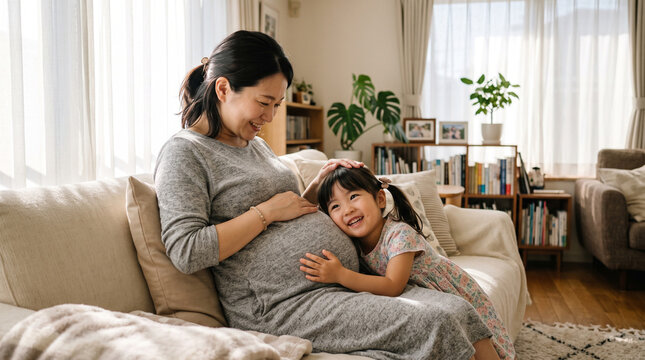 妊娠中の母親のお腹に耳を当てて嬉しそうにする女の子と笑顔の母