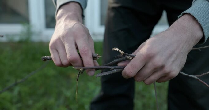 Close-up male hands break twigs, chop branches for firewood. 4K 10-b