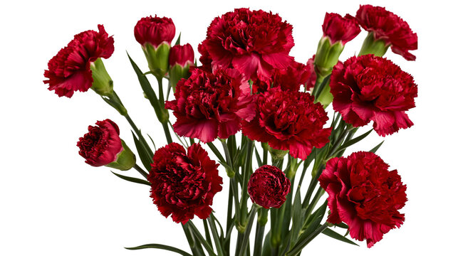 Vibrant deep red carnation flower bouquet with green stems and ruffled petals