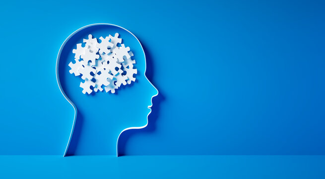 Conceptual artwork showing a 3D silhouette of a head with chaotic puzzle pieces, symbolizing mental problems - 3D illustration on blue background

