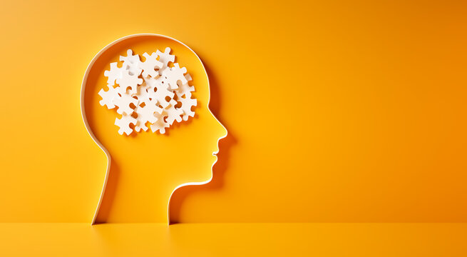 Conceptual artwork showing a 3D silhouette of a head with chaotic puzzle pieces, symbolizing mental problems - 3D illustration on yellow background

