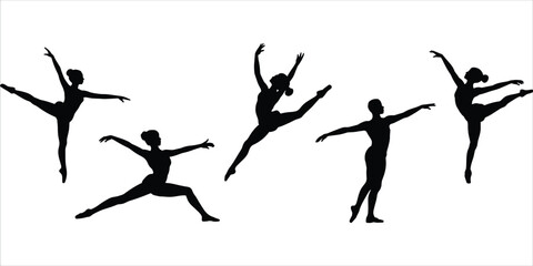 Five Silhouettes of Ballet Dancers in Various Poses on White Background vector illustration © Mstnajma