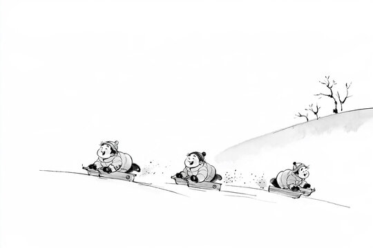 Three children racing down a gentle snowy hill on sleds in sumi-e ink
