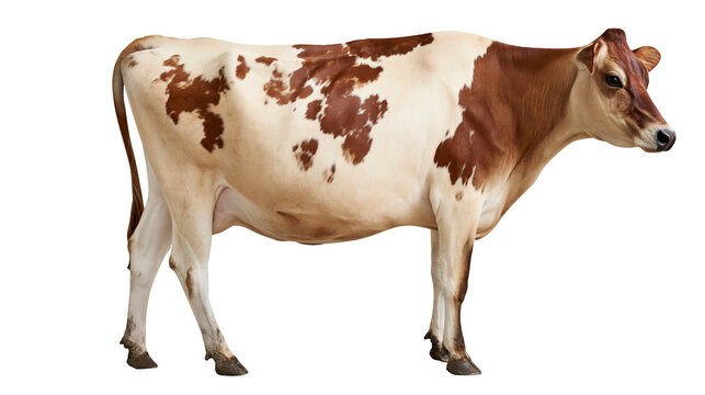 Brown and white spotted dairy cow standing in profile