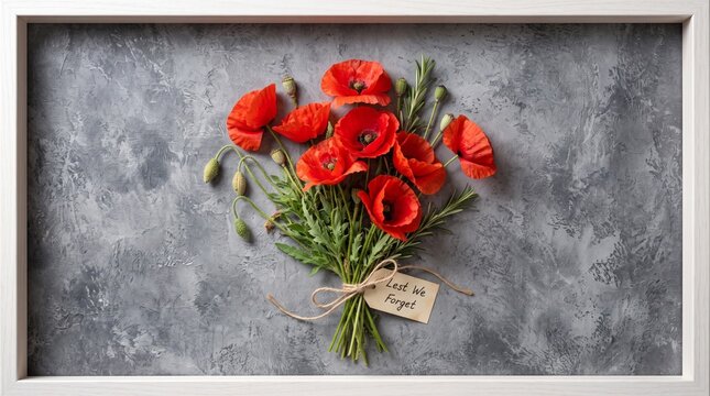 Red poppy flowers bouquet with lest we forget tag for remembrance day