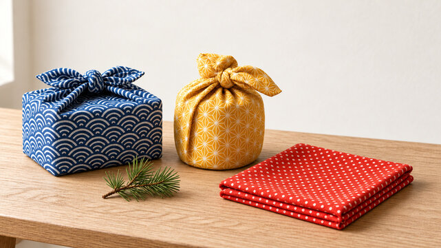 Japanese furoshiki wrapping cloths with traditional patterns as eco friendly gift wrap
