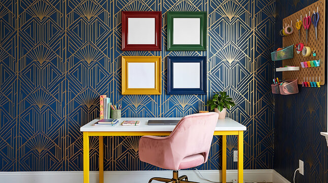Vibrant Eclectic Home Office Interior Mockup with Empty Geometric Art Deco Wallpaper and Grid Frames