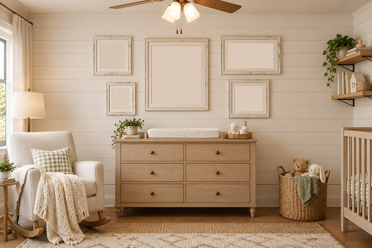 Boho farmhouse nursery mockup featuring five empty picture frames, a wooden baby crib, and a shiplap accent wall.