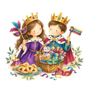 Watercolor Purim Kids Dressed As Queen And King With Crowns
