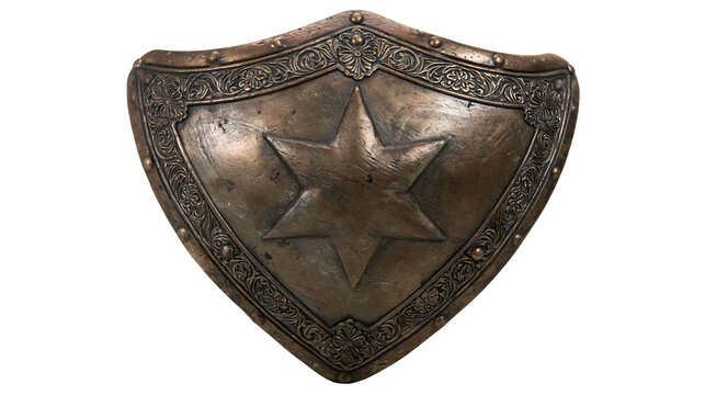 Antique bronze triangular shield with embossed star and ornate floral border