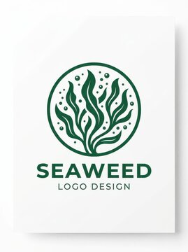 Minimalist Seaweed Logo Design with Green Kelp Leaves and Bubbles in a Circle for Marine Branding