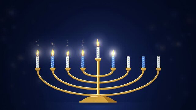 Golden menorah animation with nine flames lighting from the center candle on deep blue, Hanukkah greeting background