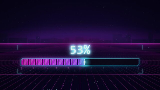 Futuristic percentage counter and progress bar filling to 100 percent over a neon synthwave grid, 4K animation