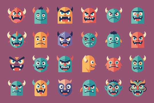 Colorful grid of flat devil and demon face avatars.