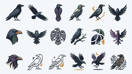 Fototapeta premium Collection of minimalist black raven and crow icons.
