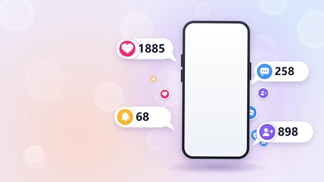 Smartphone mockup with notification bubbles and rising like, comment and follower counters, 4K animation