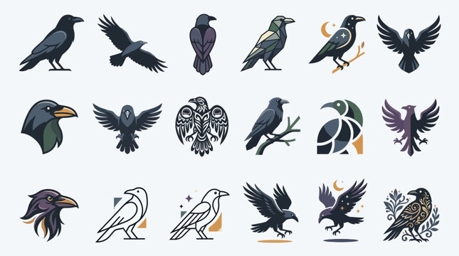 Collection of minimalist black raven and crow icons.