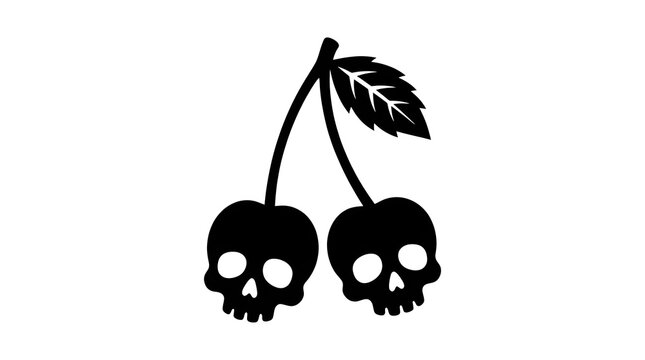 Black silhouette of two cherries shaped like spooky skulls with a leaf on top. Creative Halloween or gothic design element.